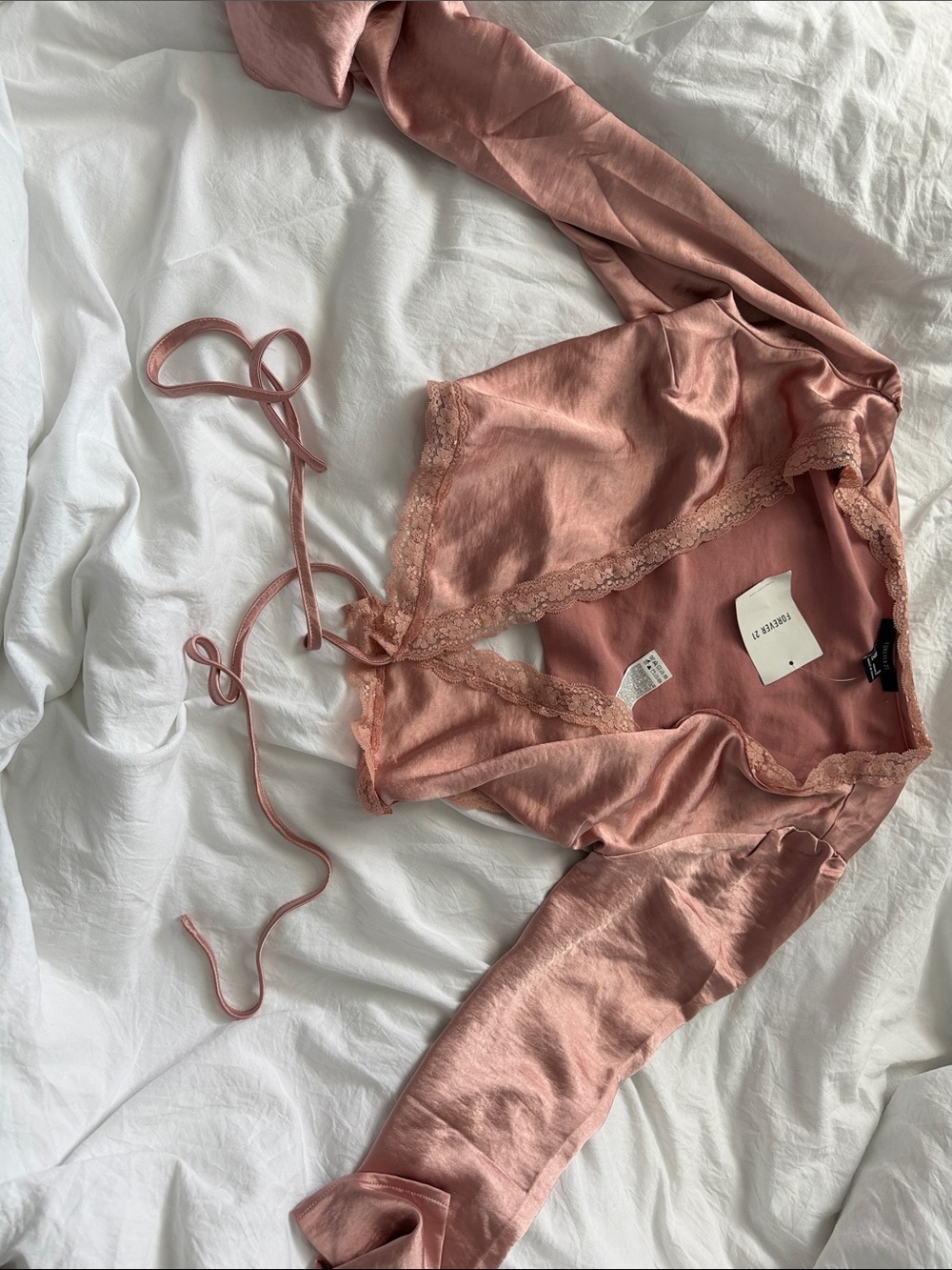 La Blanca Dusty Rose Satin Lace-Trim Wrap Top